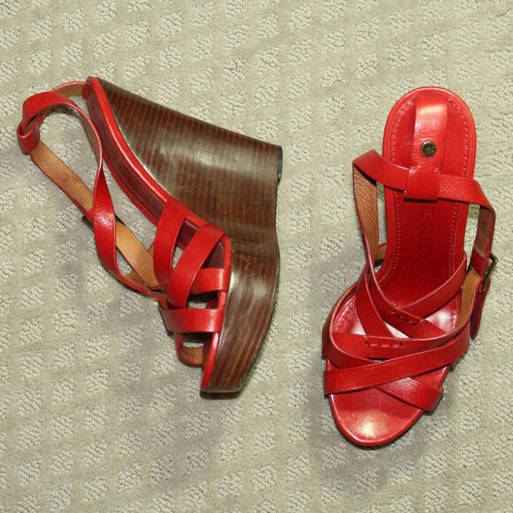 Burberry Shoes - Burberry Women's 9 Strappy Red Leather 1.5" Platform Stacked Wedge 5.5" Heels
